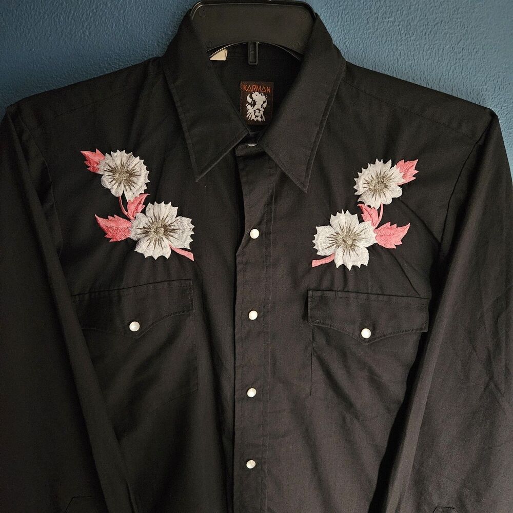 Vintage 90s Karman Western Shirt Mens Large Black Pearl Snap Floral Embroidered
